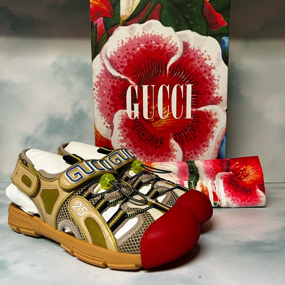 Gucci Mens Fabric Tinsel Sport Sandal Beige Multicolor Sz 7.5G / 8US